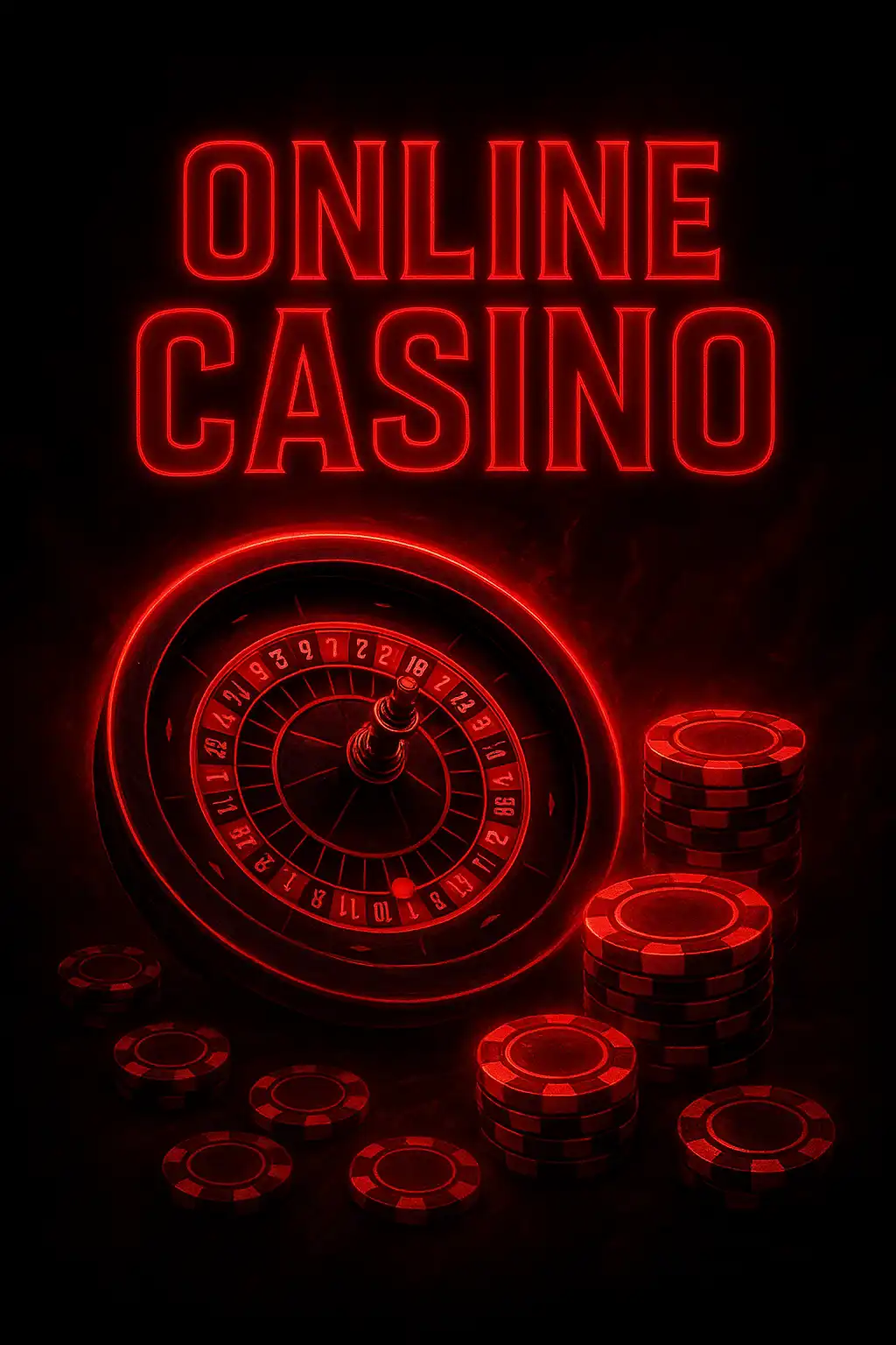 Neon roulette wheel and stacked poker chips glowing red on a black background