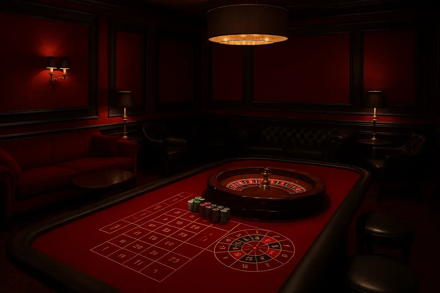 Elegant dark red and black casino lounge interior with a roulette table